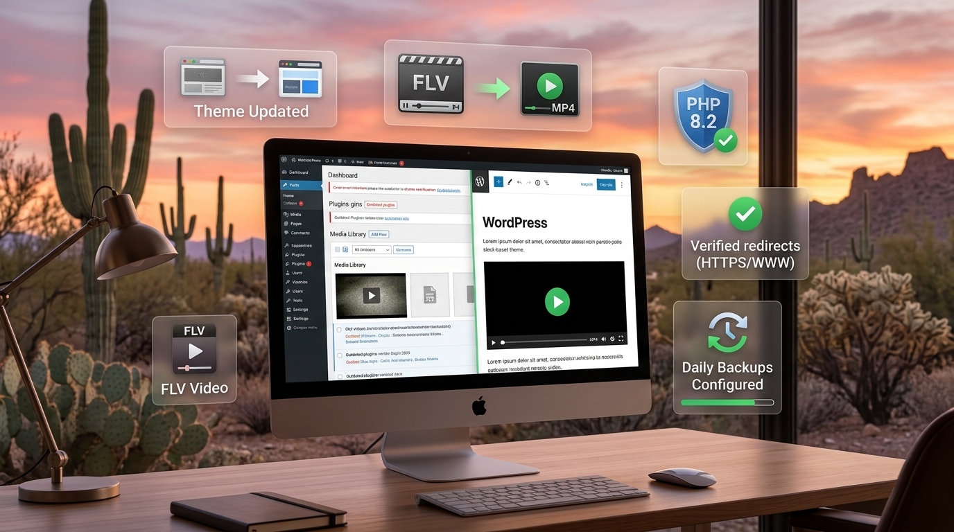 Restored WordPress website showing PHP upgrades, MP4 video conversions, redirects, and backup improvements.