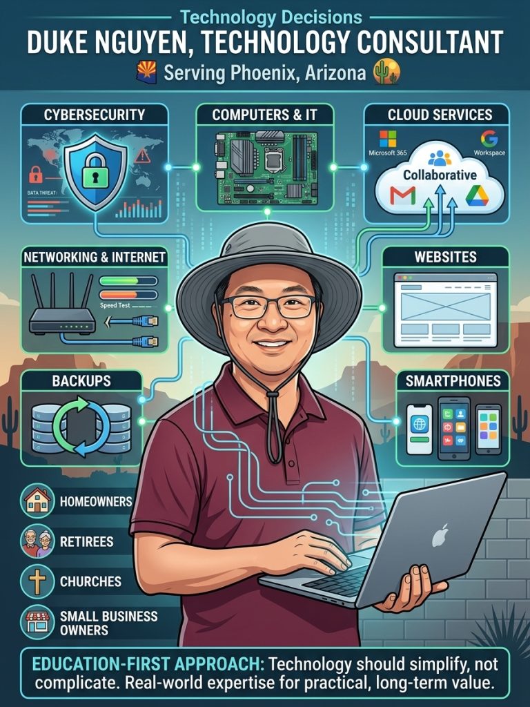 Illustration representing Duke Nguyen, a Phoenix technology consultant specializing in cybersecurity, computers, cloud services, networking, websites, backups, and smartphone support.