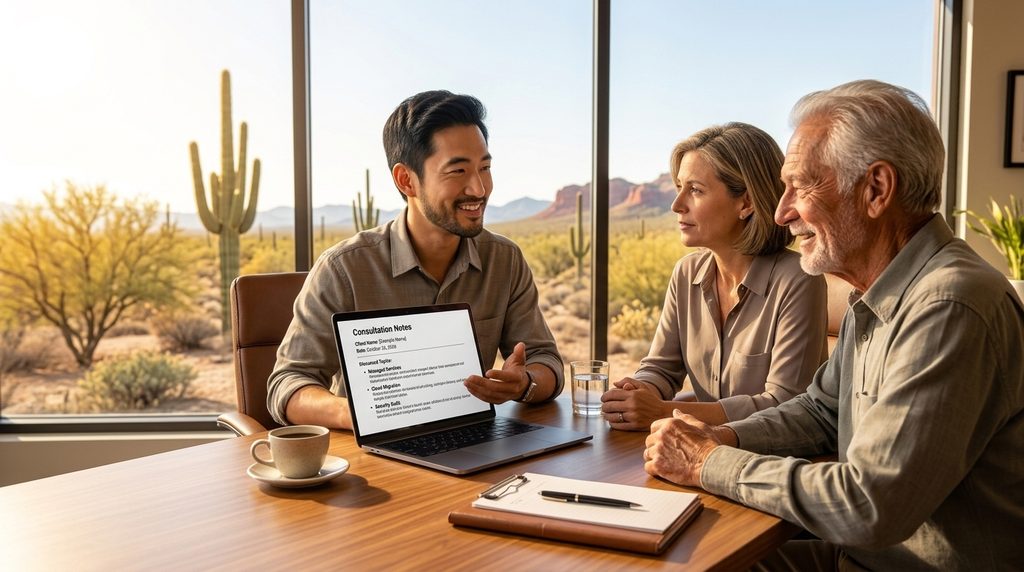 Technology consultant meeting with local clients to discuss business and personal technology needs in Phoenix, Arizona.