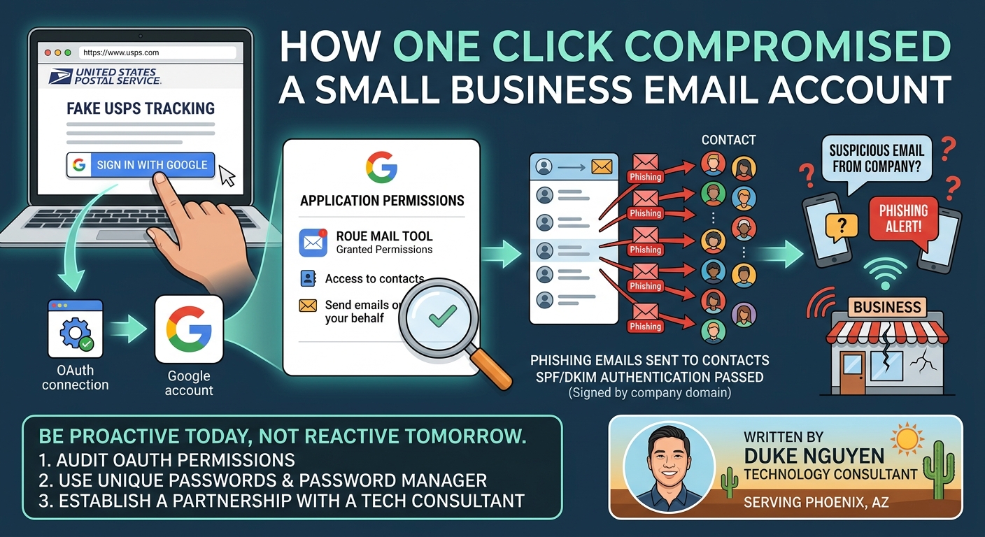 Illustration showing how a malicious OAuth application gained access to a Google account and sent phishing emails from a small business email account.
