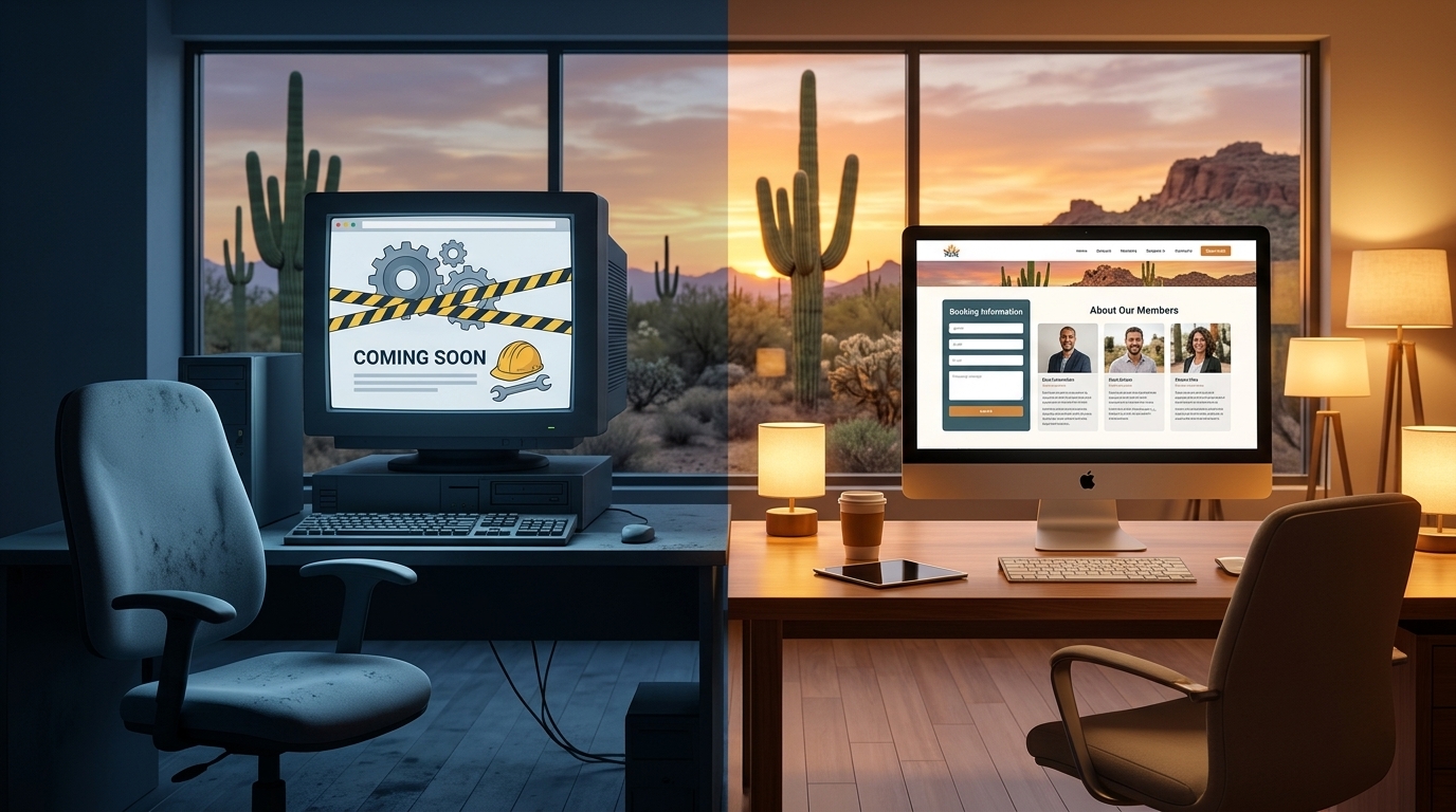 Comparison of a Coming Soon website versus a live business website generating customer opportunities.