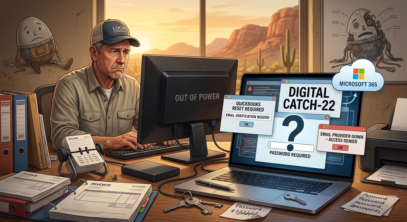 Small business owner recovering from a computer failure while restoring passwords, email access, backups, and Microsoft 365 services after a desktop computer crash.