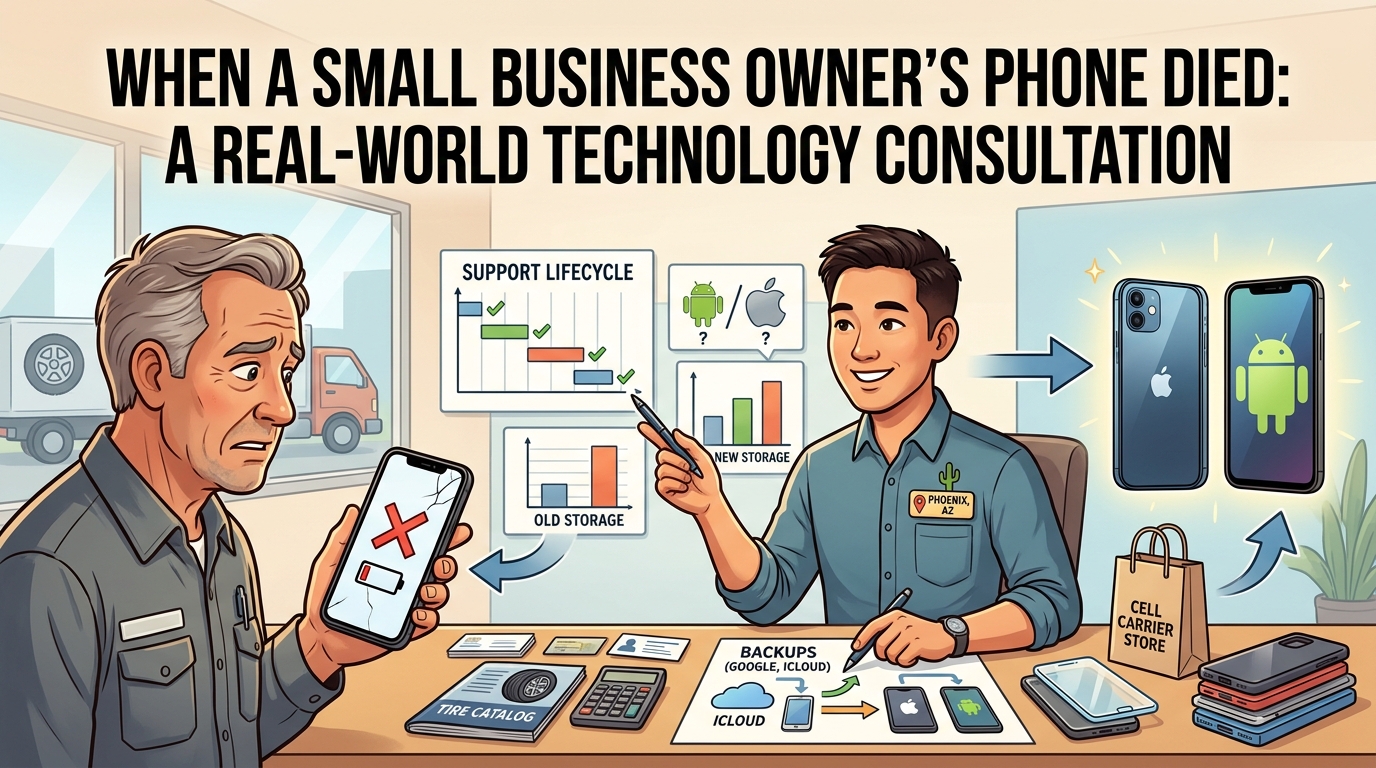Illustration of a technology consultant helping a small business owner replace a failed smartphone and migrate data to a new device.