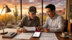 Technology consultant reviewing cellular phone bills and helping a customer set up a new smartphone.