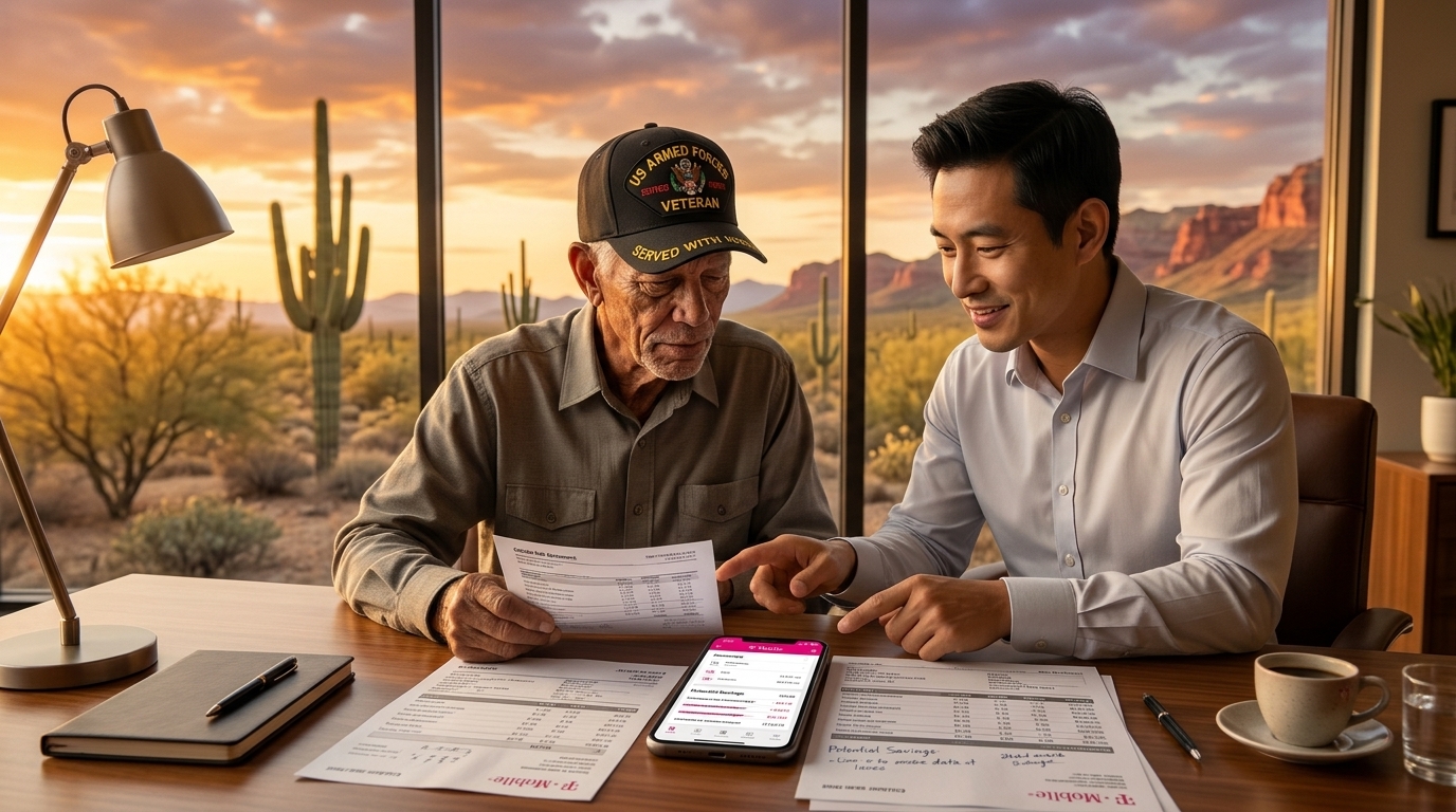 Technology consultant reviewing cellular phone bills and helping a customer set up a new smartphone.