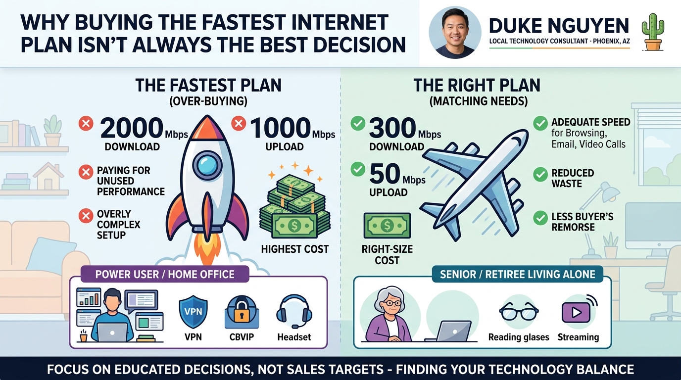 Infographic comparing an expensive high-speed internet plan with a right-sized internet plan based on a customer's actual needs, usage, and budget.