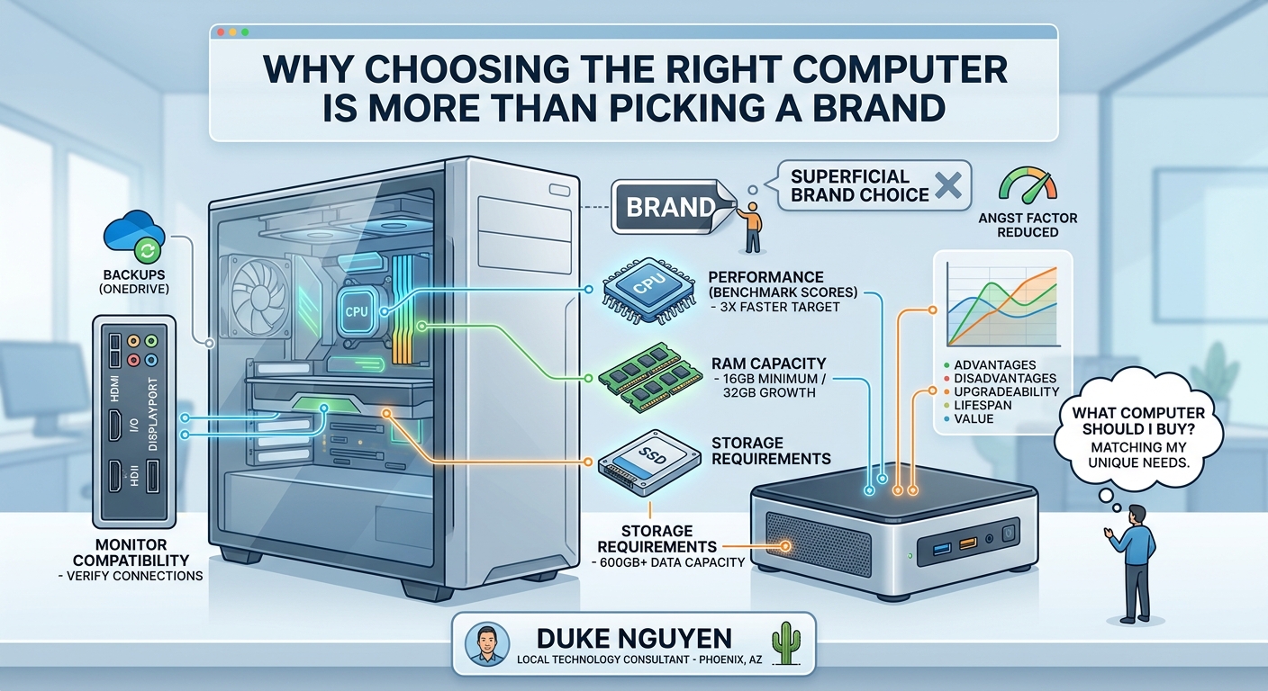 Technology consultant comparing an old desktop computer with a modern replacement to help a customer choose the right computer.