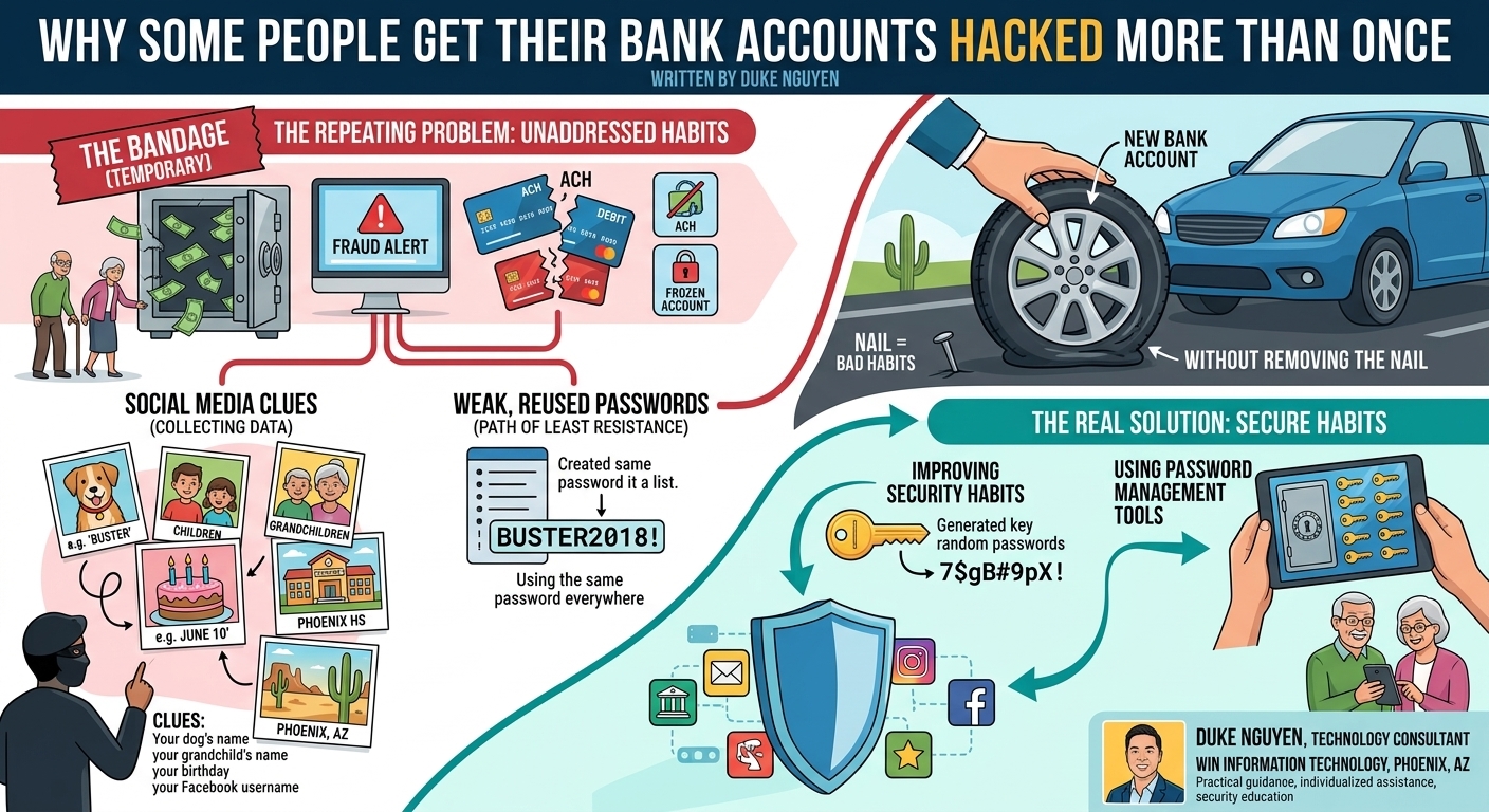 Infographic showing how weak, reused passwords and social media clues can lead to repeated bank account compromises, and how password managers and strong security habits help prevent fraud.