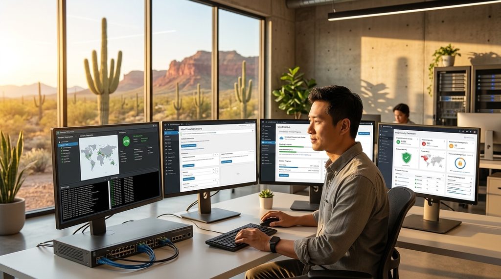 Technology consultant monitoring networking, cybersecurity, cloud, and business technology systems from a multi-monitor workstation in Phoenix, Arizona.